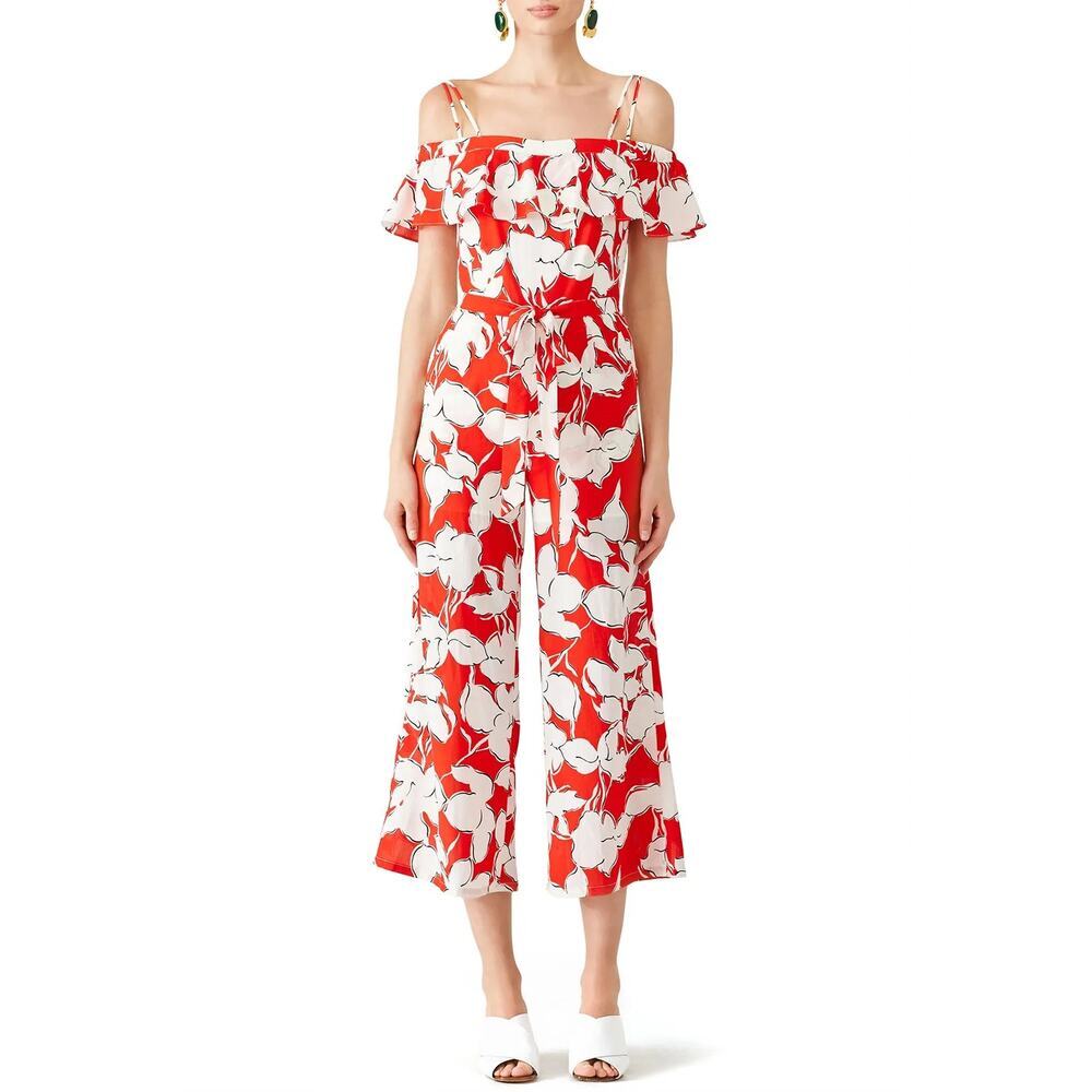 J.O.A. Jumpsuit Floral Print Off Shoulder Wide Leg Crop Capri Red & White M